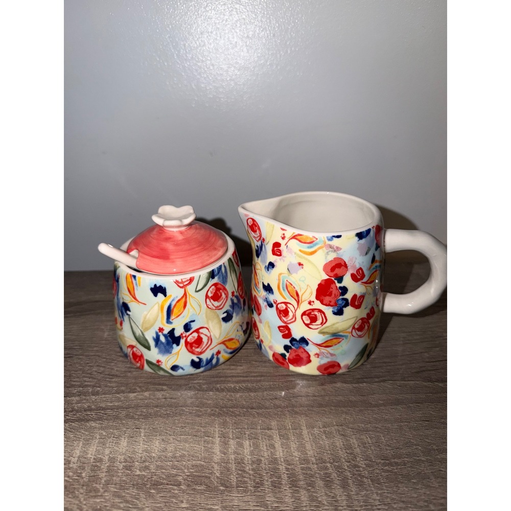 Anthropologie Floral Ceramic Cream and Sugar Set with Spoon Red Blue Yellow